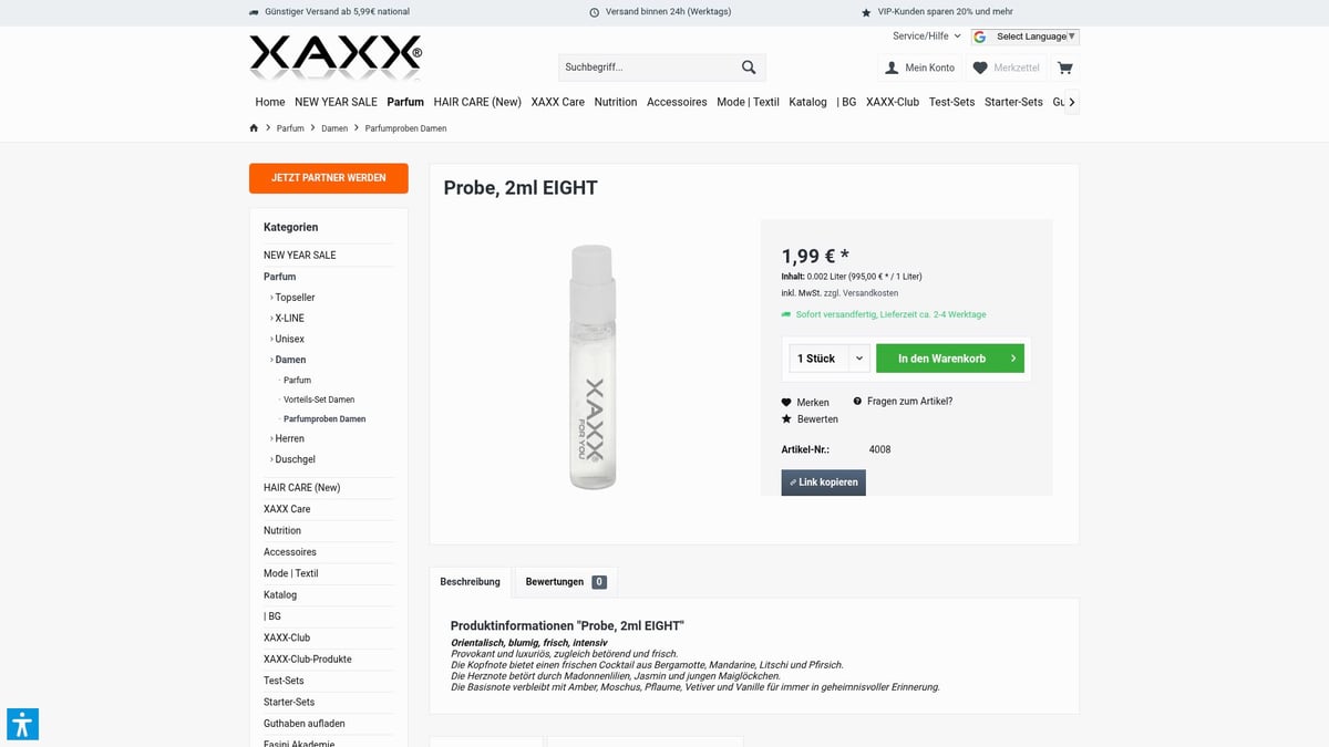 Top 8 Parfumproben Damen 2026: Entdecke Neue Dufttrends - XAXX Probe, 2ml EIGHT – Orientalisch-blumige Intensität