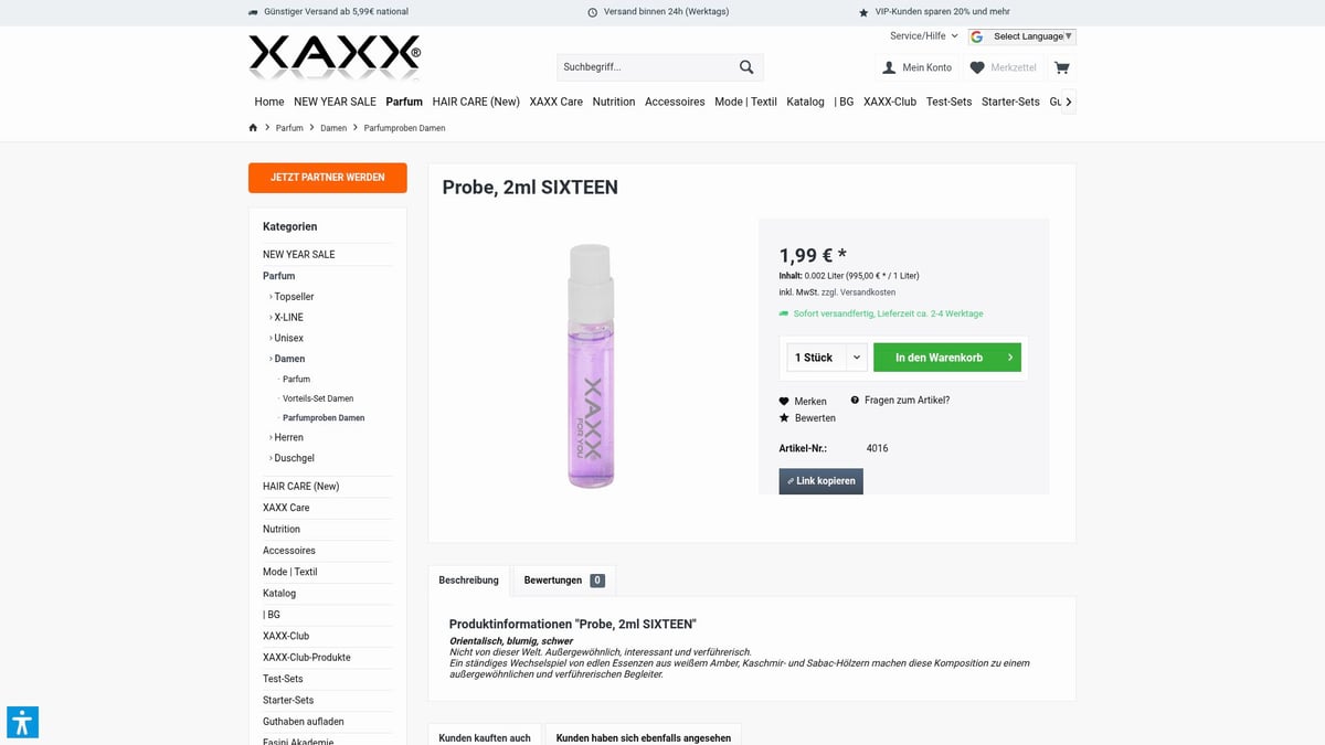 Top 8 Parfumproben Damen 2026: Entdecke Neue Dufttrends - XAXX Probe, 2ml SIXTEEN – Orientalisch, blumig, schwer