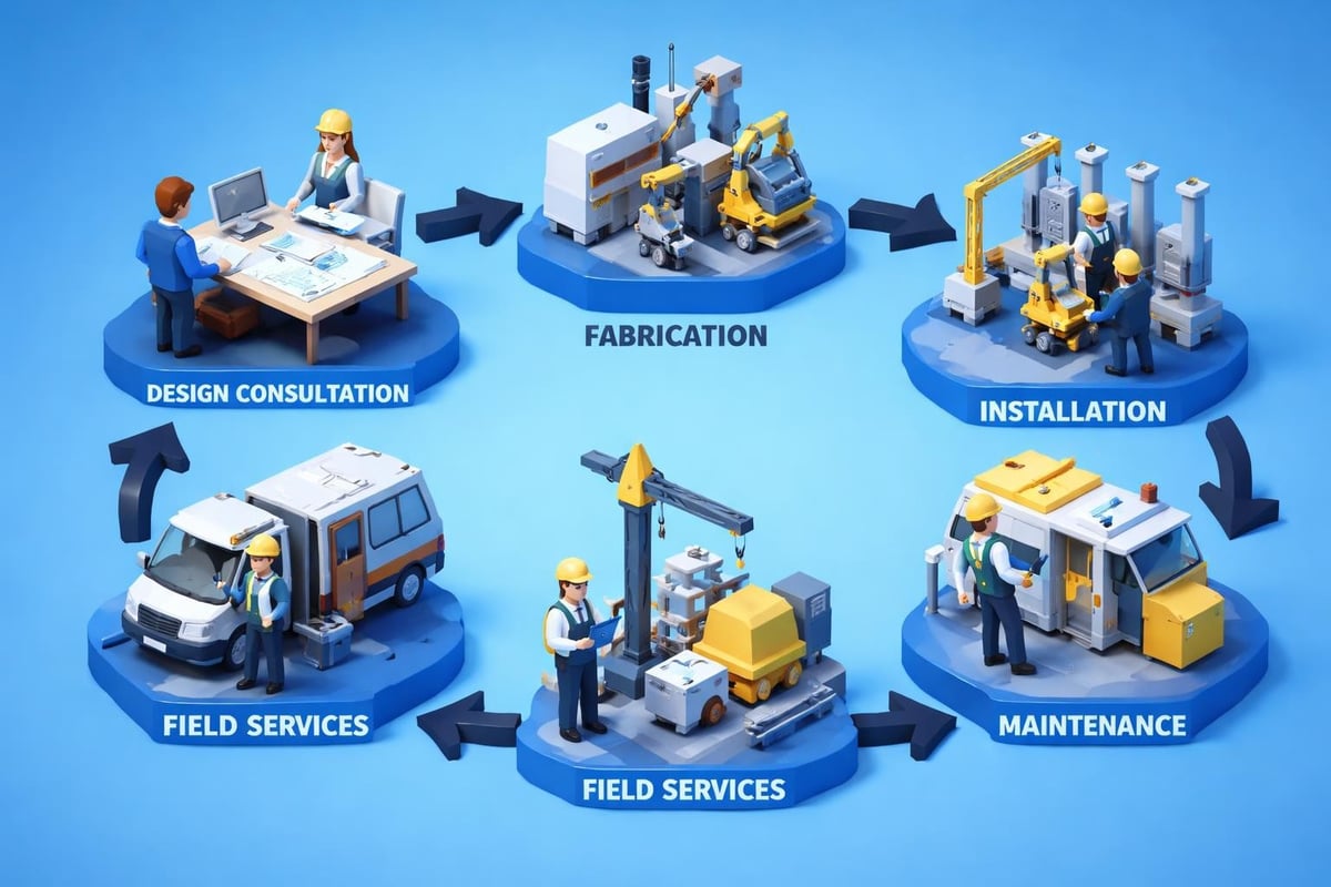 Illustration depicting the service manufacturing process, featuring design consultation, fabrication, installation, field services, and maintenance, emphasizing integration of manufacturing with ongoing service support.