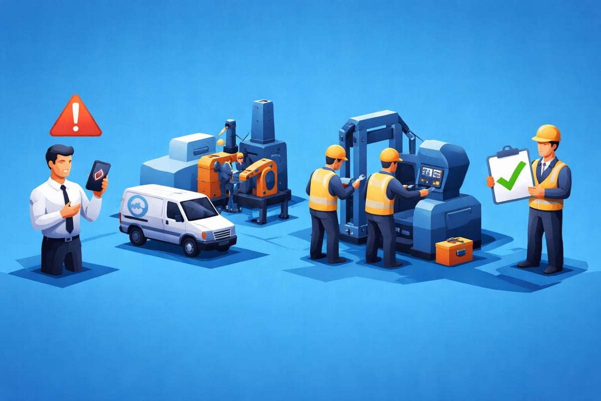 Businessman using tablet, field service team performing repairs on machinery, service van, industrial equipment, safety gear, operational efficiency in service manufacturing.