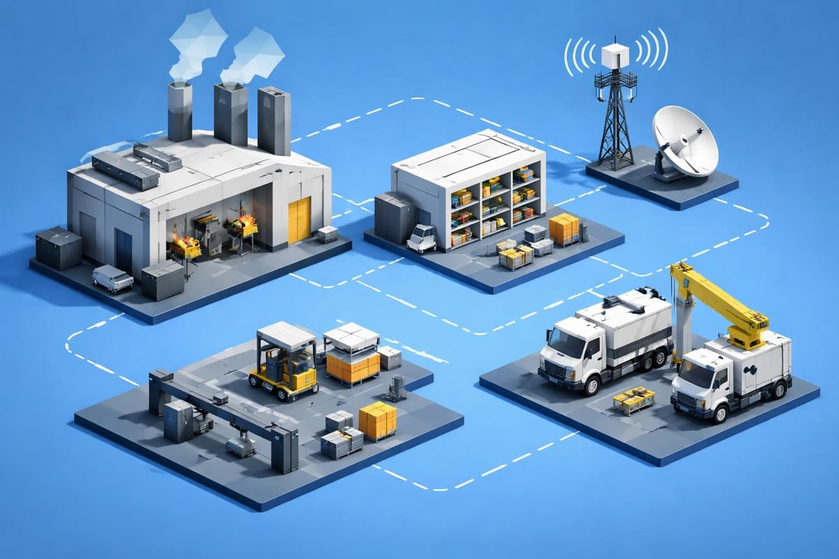 Illustration of a service manufacturing facility layout featuring a fabrication shop, mobile vehicles, storage units, and communication equipment, emphasizing infrastructure for industrial operations.