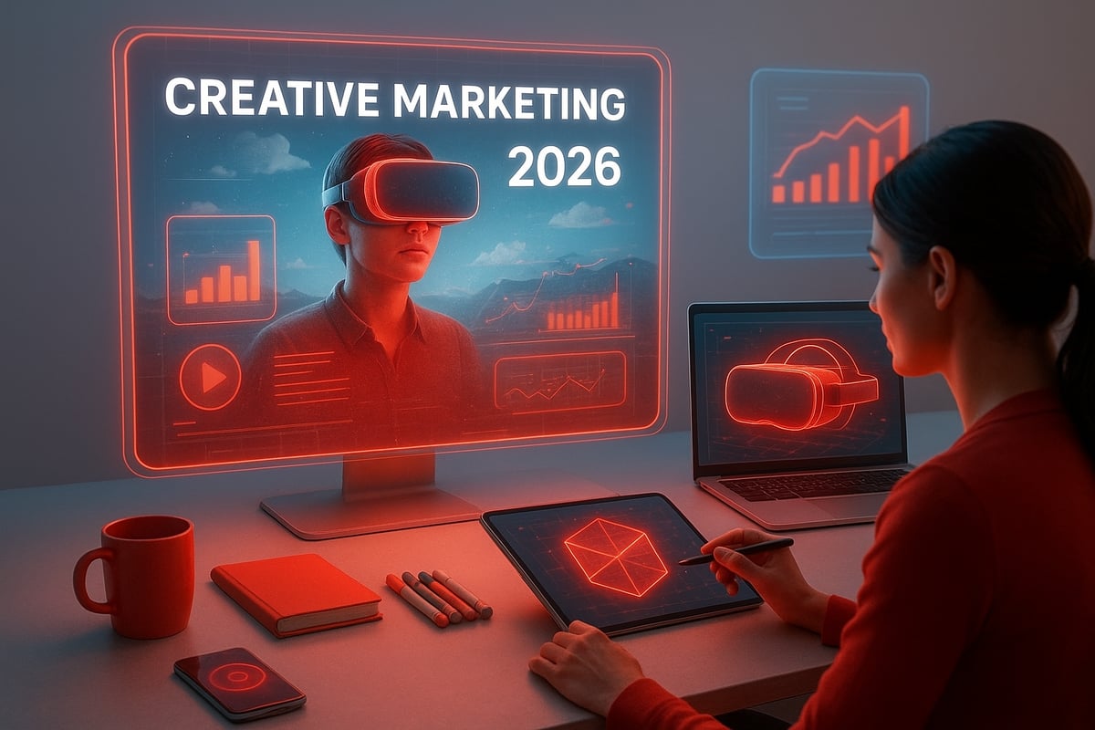 Woman at desk, creating creative marketing content. Holograms of VR, charts, red glow.