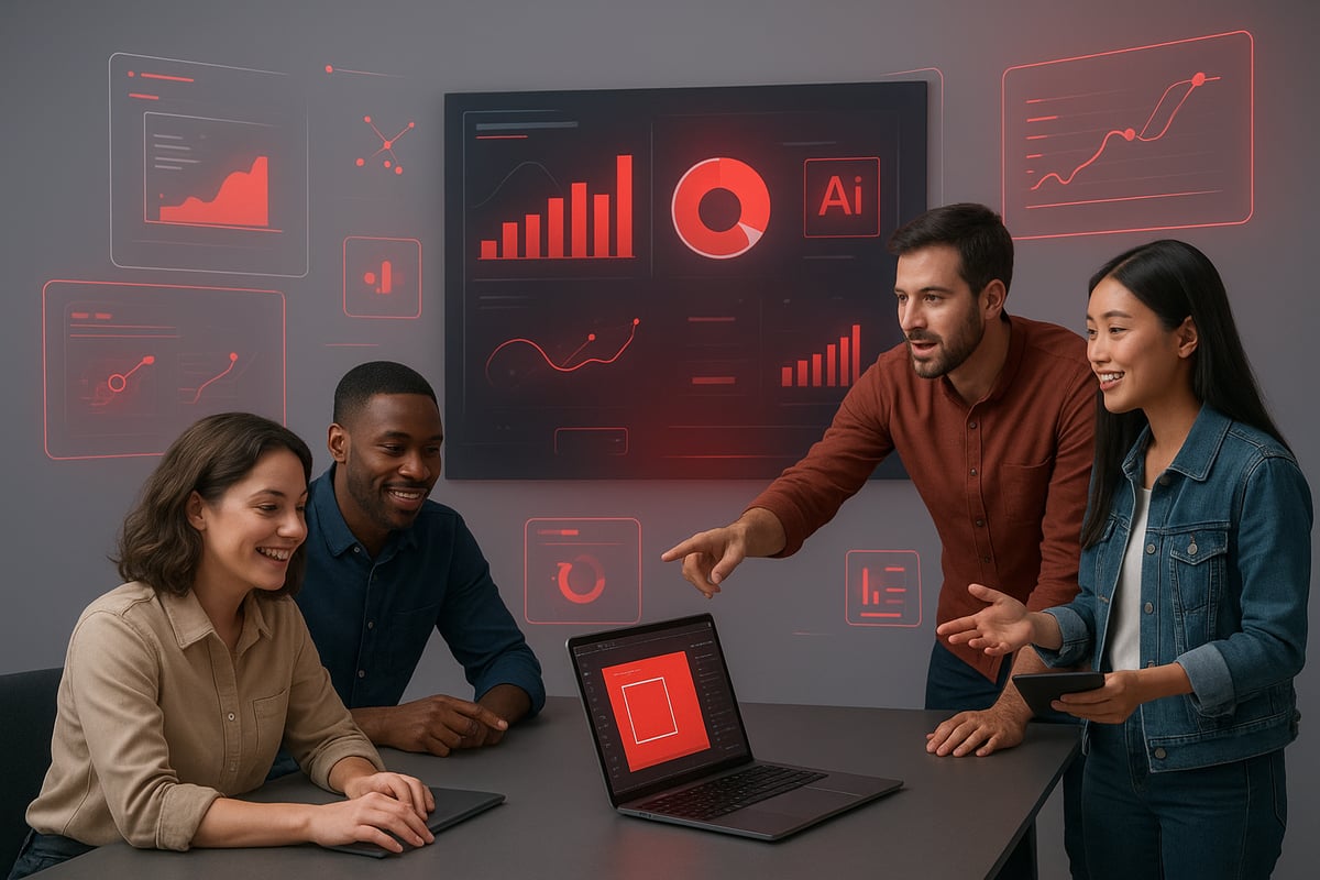 Four people looking at laptop, red data visualizations overlaid on wall; man pointing, others smiling.