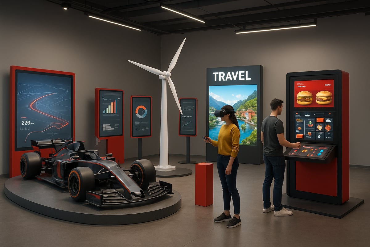 A museum exhibit with a race car, windmill, and screens. Visitors use kiosks, wear VR headset.