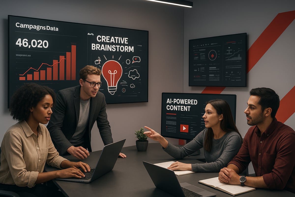 People in a meeting room, looking at laptops and screens displaying data. Brainstorming session.
