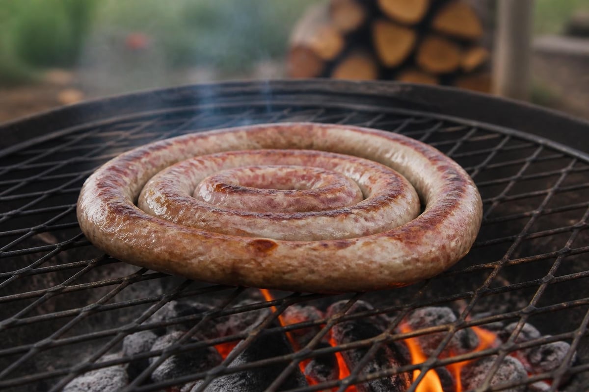 Boerewors coiled on braai