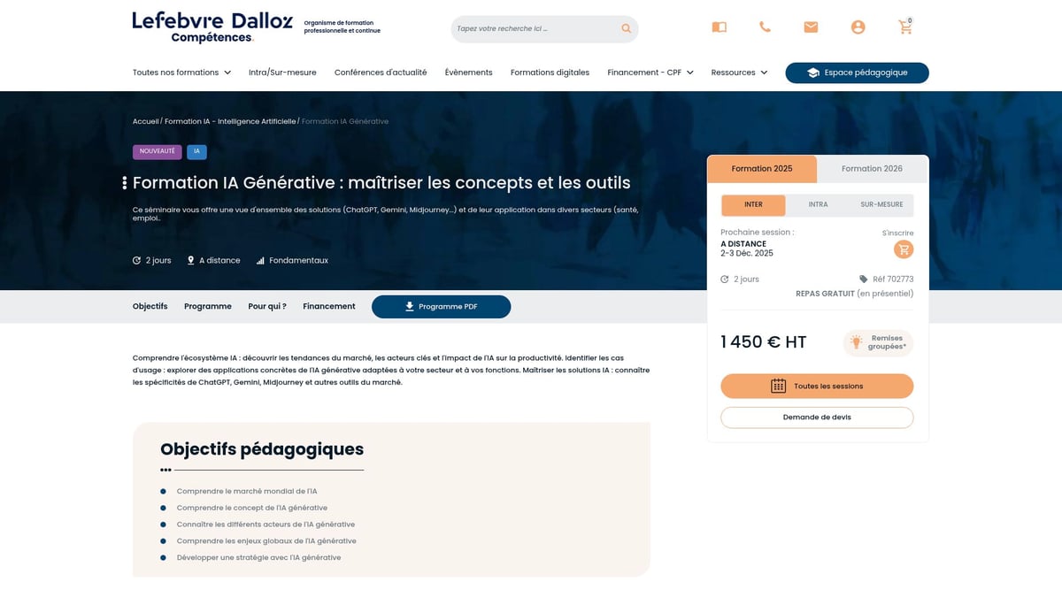 7 Meilleures Formation IA à Suivre en 2025 - Formation IA Générative : maîtriser les concepts et les outils (Lefebvre Dalloz)