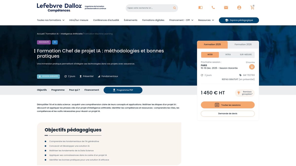 7 Meilleures Formation IA à Suivre en 2025 - Formation Chef de projet IA : méthodologies et bonnes pratiques (Lefebvre Dalloz)