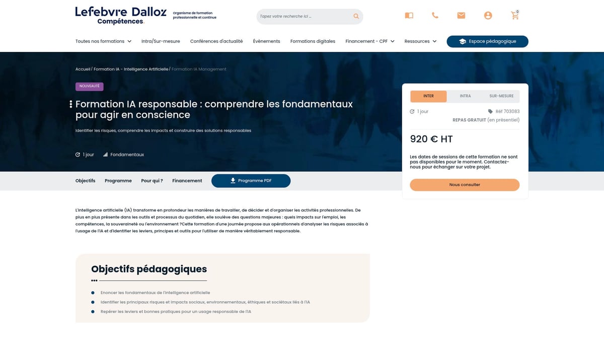 7 Meilleures Formation IA à Suivre en 2025 - Formation IA Responsable : comprendre les fondamentaux pour agir en conscience (Lefebvre Dalloz)