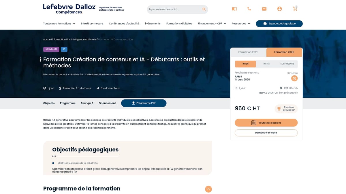 7 Meilleures Formation IA à Suivre en 2025 - Formation Création de contenus et IA – Débutants (Lefebvre Dalloz)
