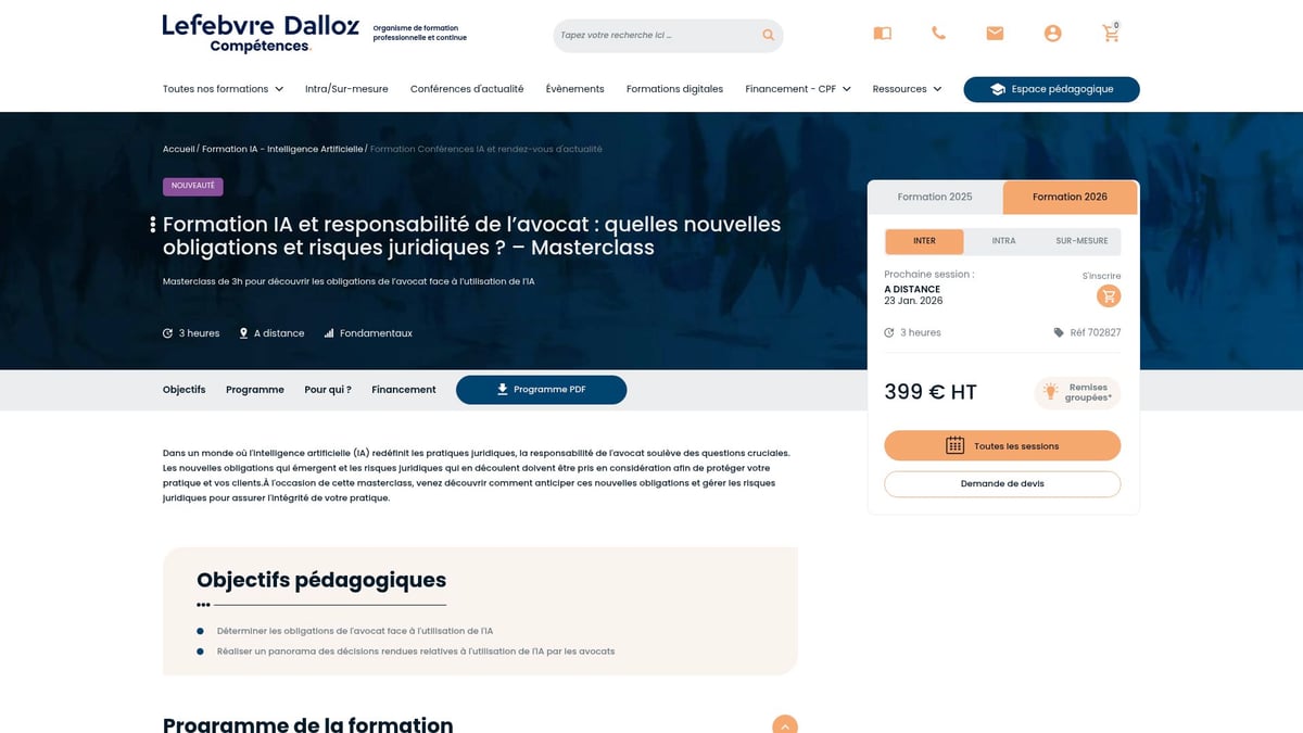 7 Meilleures Formation IA à Suivre en 2025 - Formation IA et responsabilité de l’avocat : quelles obligations et risques juridiques ? (Lefebvre Dalloz)