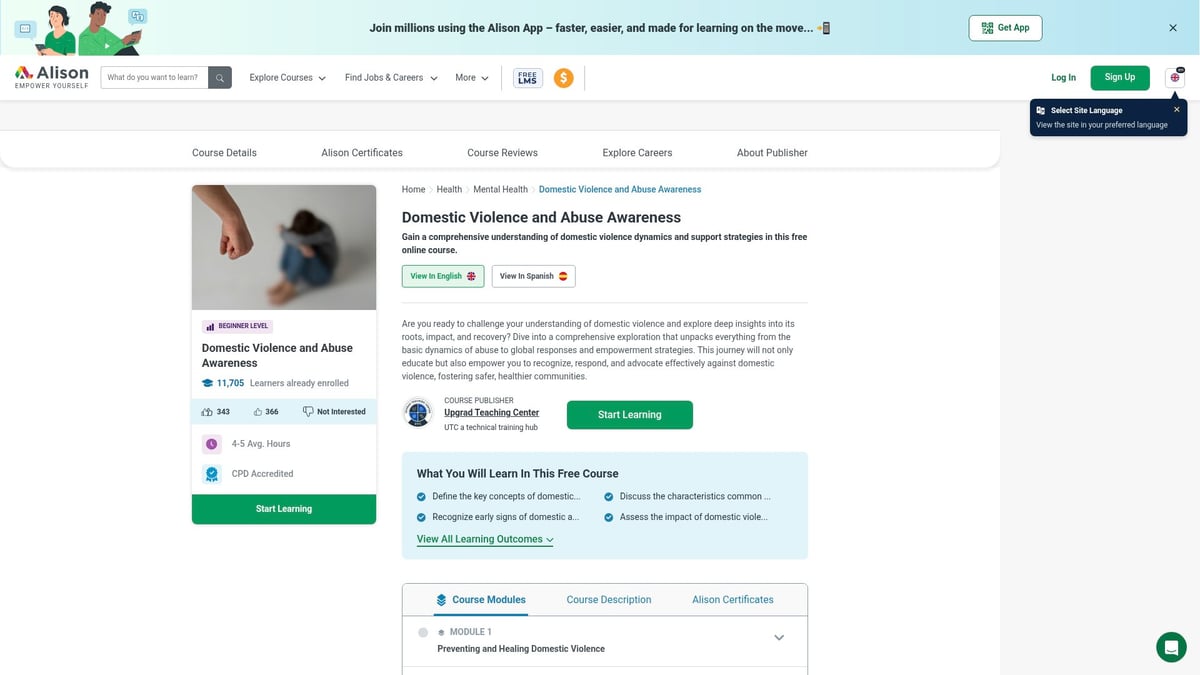 Top 7 Mental Health Online Courses to Boost Wellbeing 2026 - Domestic Violence and Abuse Awareness (Alison)