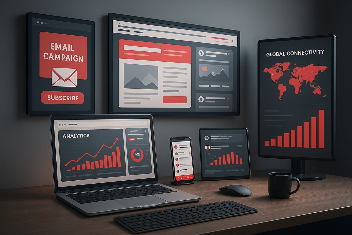 A desk with multiple screens displaying red and gray marketing data and an email campaign.