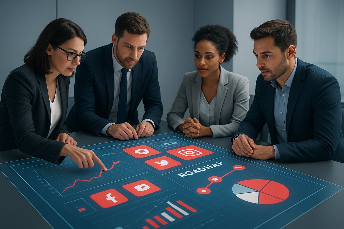 Four business professionals looking at digital data projected on a table.