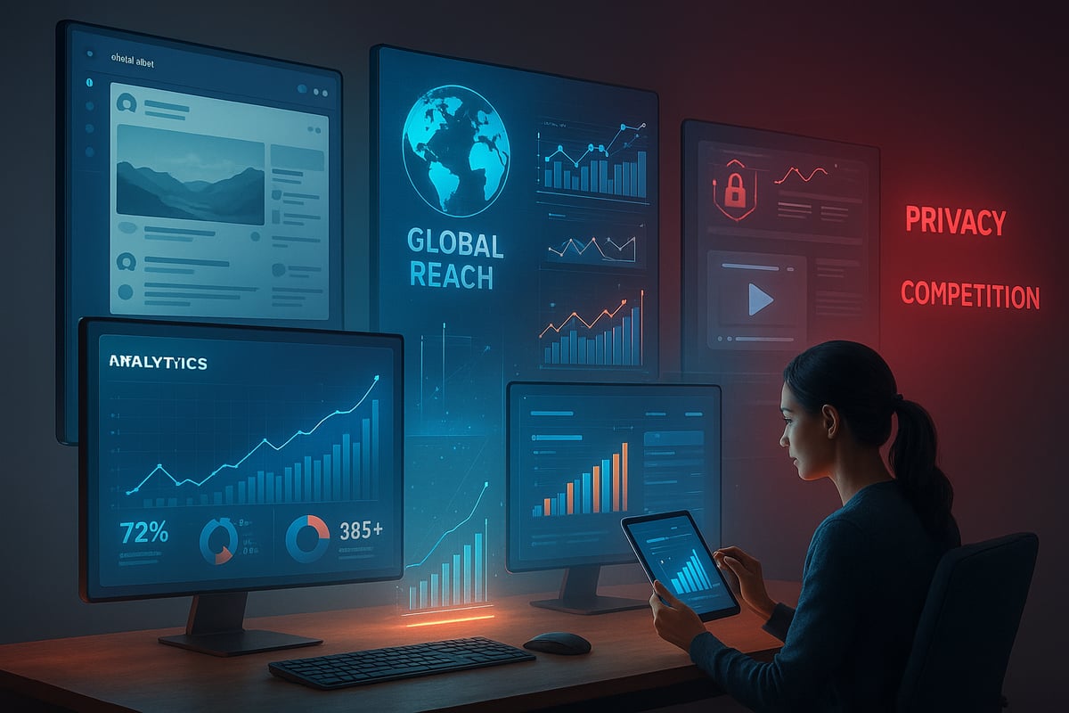 Woman using multiple screens displaying data and social media, 