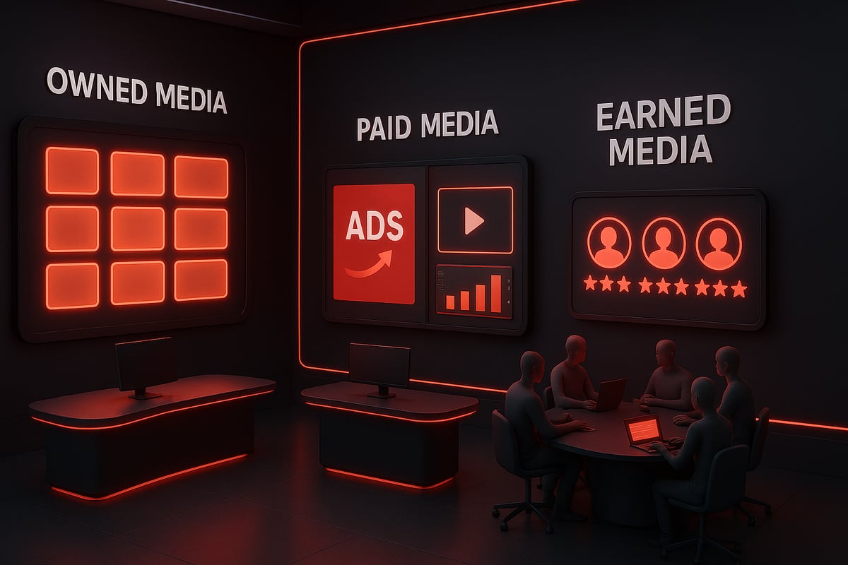 A digital marketing presentation room with screens displaying 