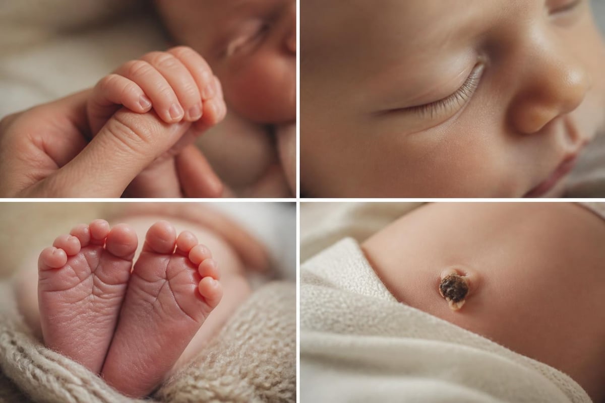 Newborn details and family hands