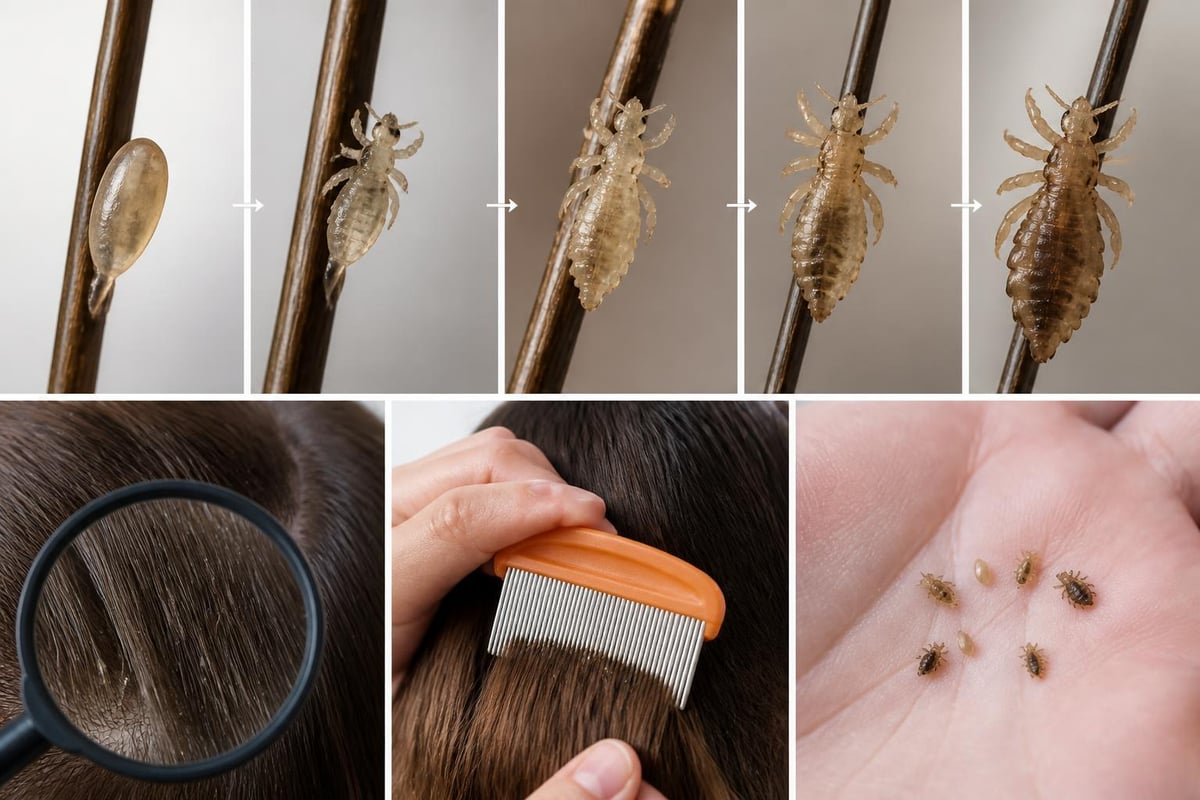 Head lice lifecycle stages from nit to nymph to adult for understanding natural lice removal treatment timing