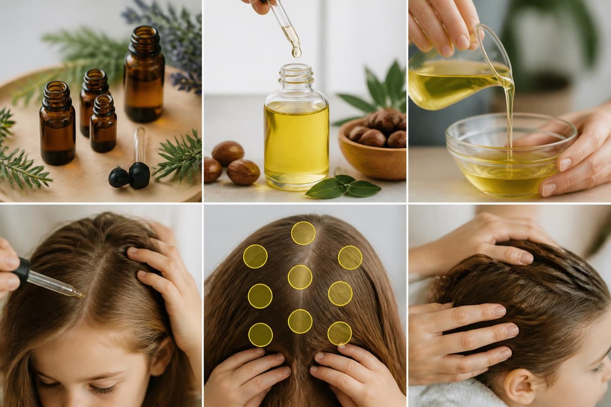 Applying coconut and tea tree oil treatment to hair for natural chemical-free lice removal protocol