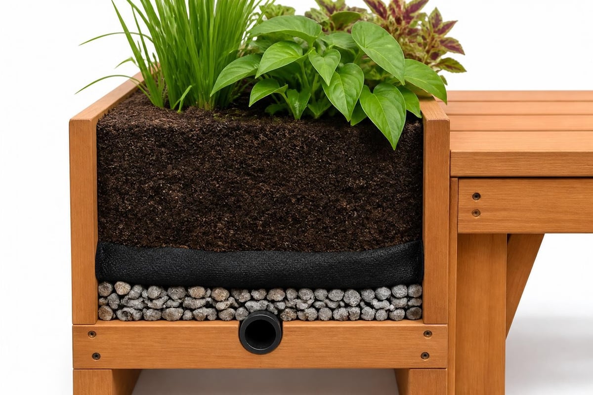Planter bench drainage system