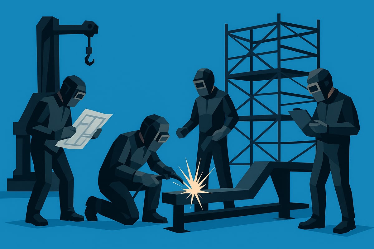 Illustration of service welding team in protective gear, one kneeling and welding with sparks, others reviewing plans and taking notes, scaffolding in background, emphasizing structured project assessment and planning.