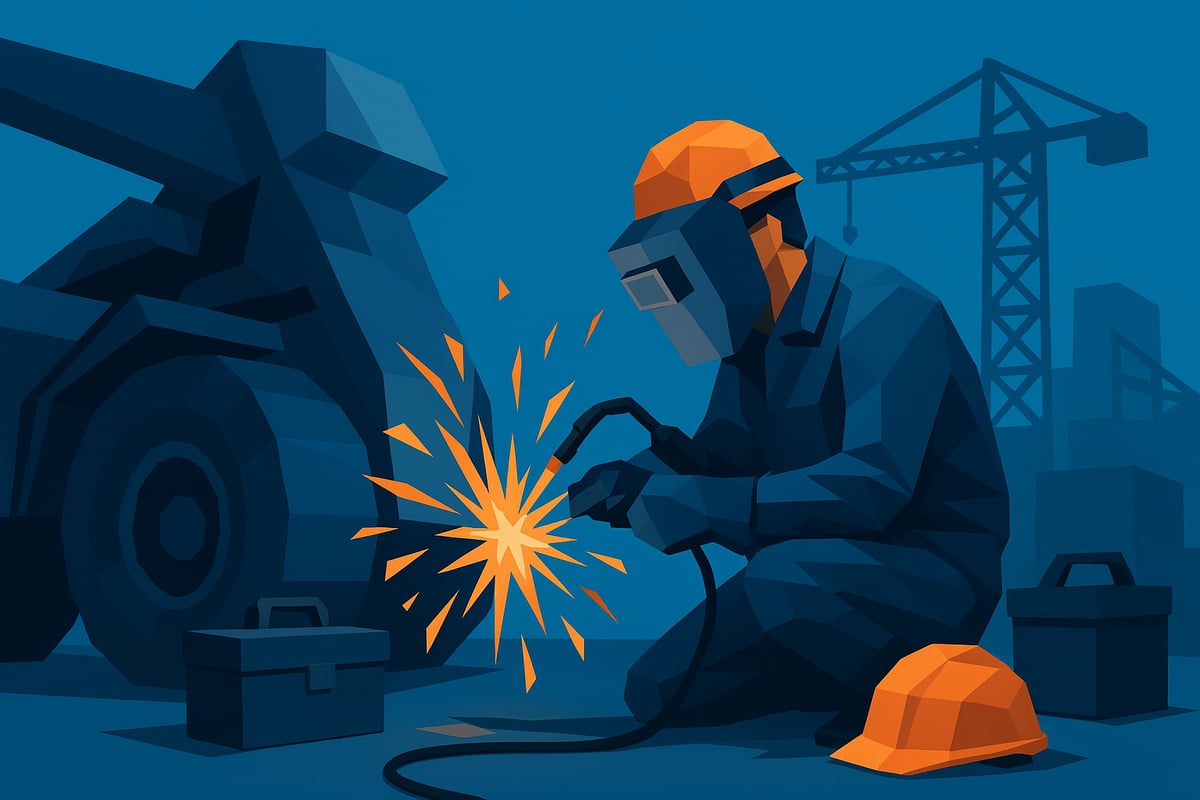 Low-poly illustration of a welder performing service welding on industrial equipment, surrounded by tools and a construction site backdrop, emphasizing the importance of on-site welding in sectors like manufacturing and oil and gas.