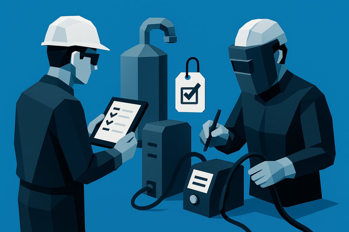 Service welding professionals reviewing safety and compliance checklists, utilizing advanced tools and equipment for quality assurance in industrial settings.