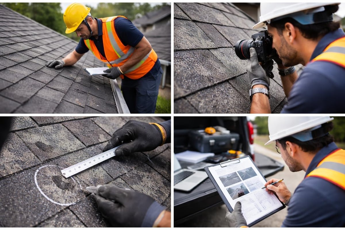 Roofing contractor inspecting hail damage on shingles, documenting findings with clipboard and camera, emphasizing expertise in storm damage assessment and insurance restoration.