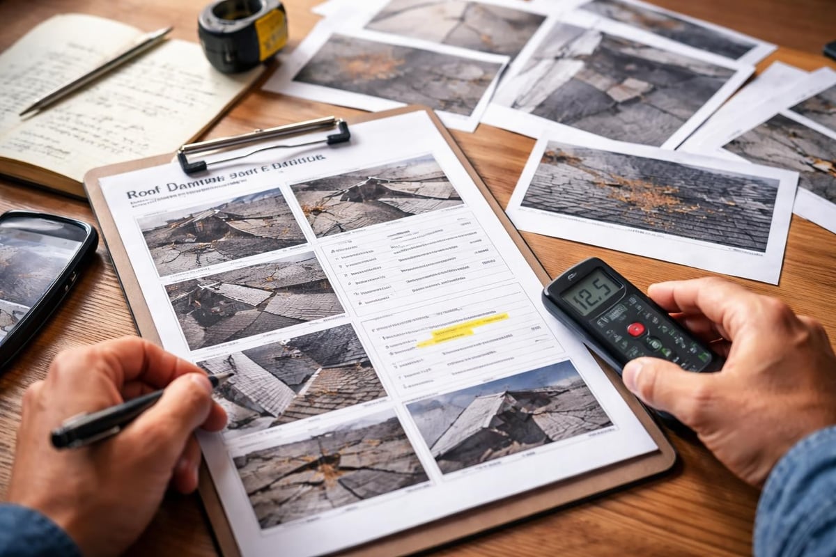 Documented roof damage assessment with photographs, measurement tools, and notes, illustrating the thorough evaluation process for hail damage claims.