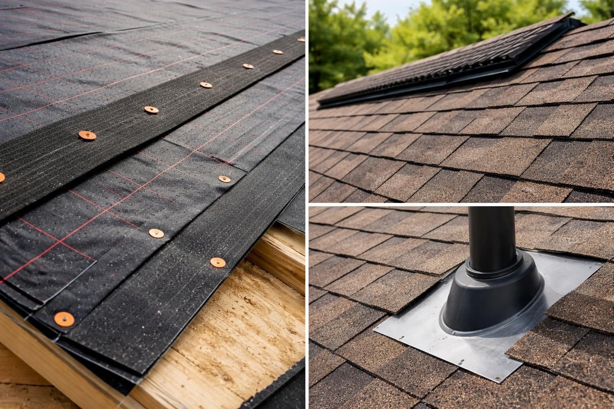 Roof installation details showcasing underlayment coverage, proper fastener placement, and ventilation systems, emphasizing quality practices for hail damage roofing.