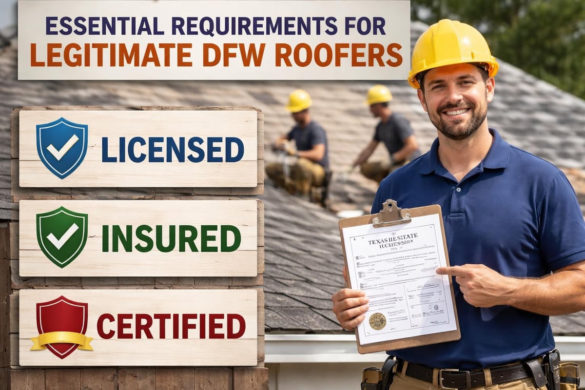 Licensed and insured roofing contractor holding Texas state certification, with essential requirements for legitimate DFW roofers displayed in the background.