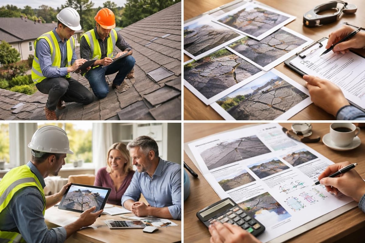Roofing professionals inspecting shingles and documenting findings, analyzing roof damage reports, and discussing repair options with clients, emphasizing thorough assessments and informed decision-making.