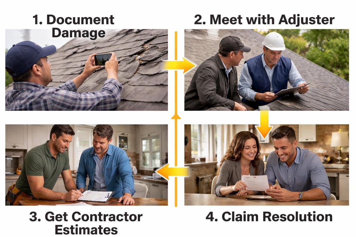 Image depicting a four-step process for roofing claims: 1. Documenting damage on a roof, 2. Meeting with an adjuster on-site, 3. Contractors discussing estimates at a table, 4. A couple reviewing claim resolution documents together.