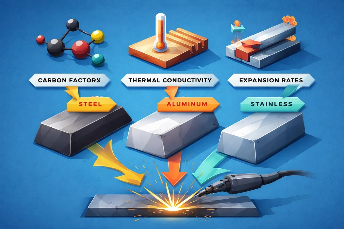 Illustration depicting materials welding concepts, including steel, aluminum, and stainless steel, with emphasis on carbon content, thermal conductivity, and expansion rates, featuring a welding tool and sparks representing the welding process.