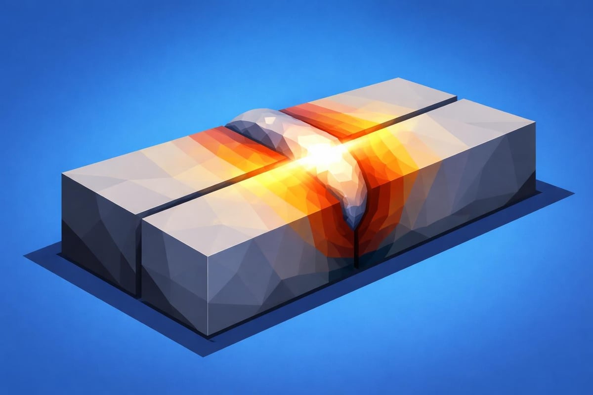 Welded stainless steel blocks with heat distortion effects, illustrating materials welding challenges and techniques.