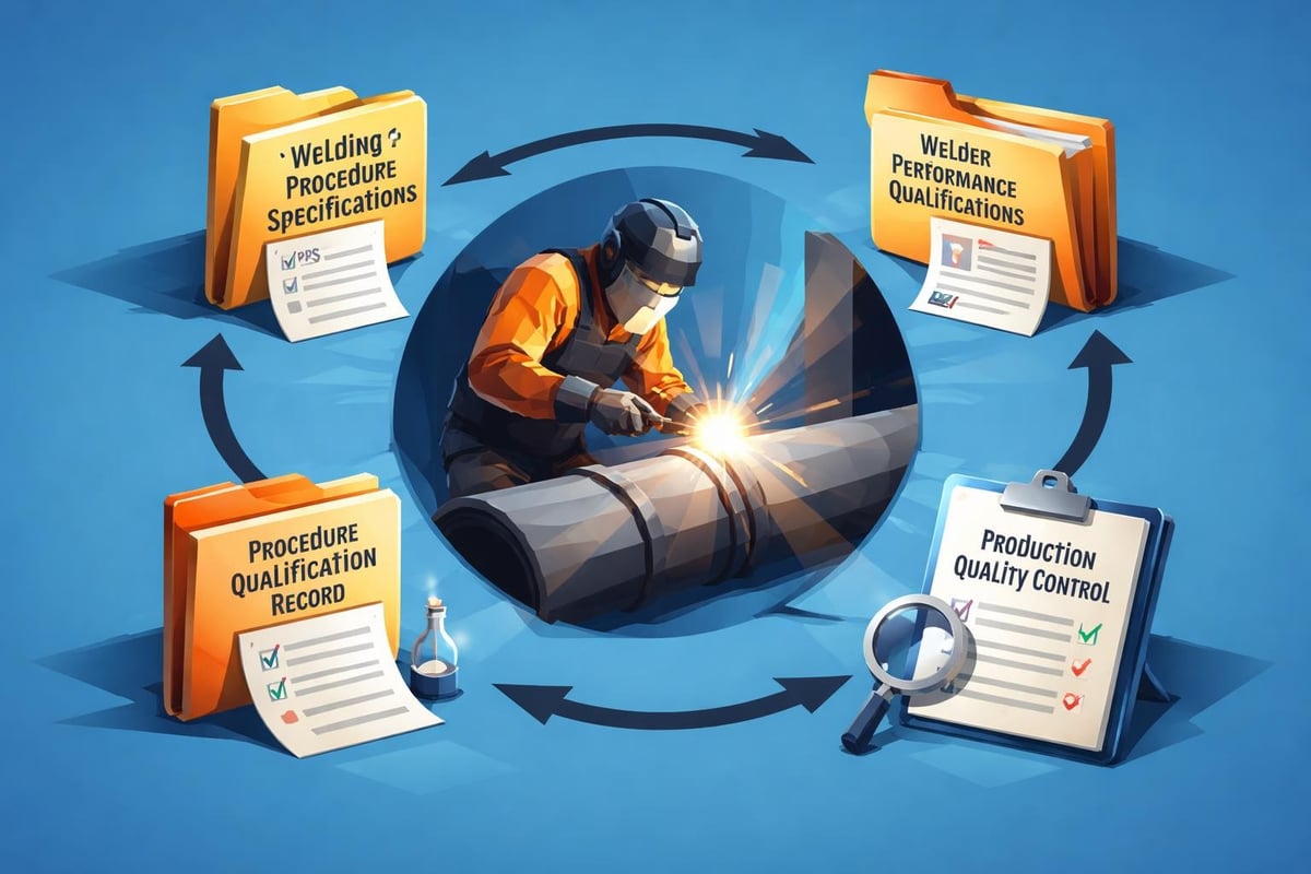 Welding process illustration featuring a welder working on a pipe, surrounded by folders labeled "Welding Procedure Specifications," "Welder Performance Qualifications," "Procedure Qualification Record," and "Production Quality Control," emphasizing the importance of qualification and quality in materials welding.