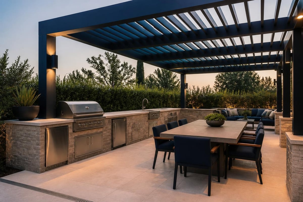 Outdoor kitchen pergola integration