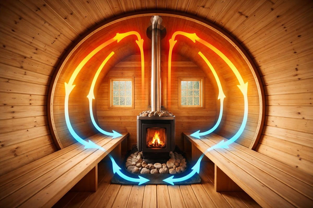 Barrel sauna heat circulation