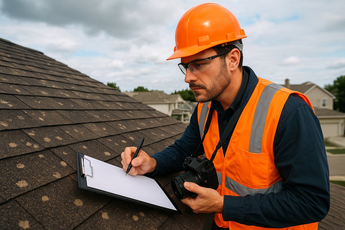Professional roof inspector in safety gear documenting roof condition with clipboard and camera, emphasizing importance of thorough roof inspections for insurance claims.