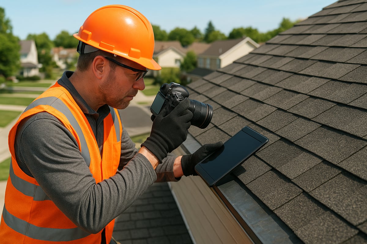 Roof inspector in safety gear photographing shingles and documenting roof condition for insurance assessment.