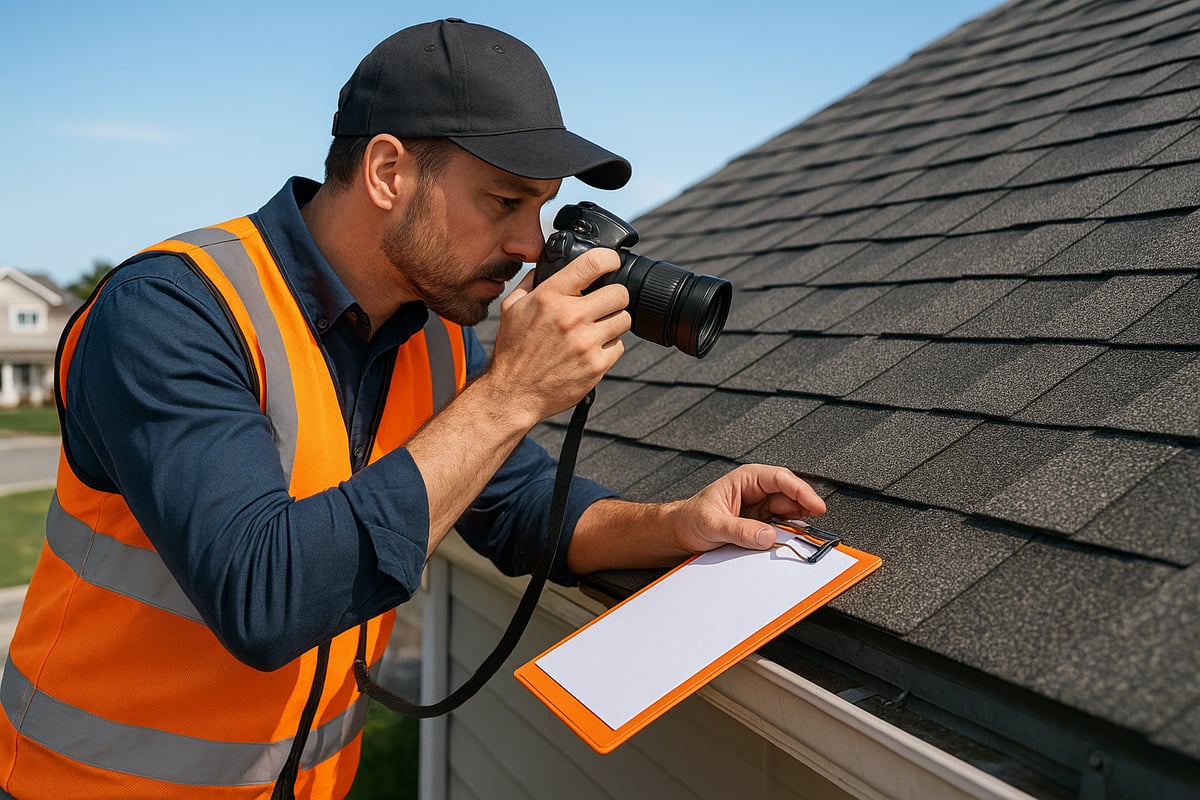 Roof inspector in safety vest photographing shingles with clipboard, documenting roof condition for insurance requirements.