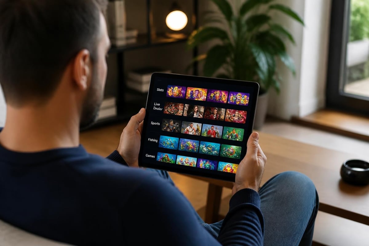 Game library organization showing slots, live casino, sports betting, and fishing games
