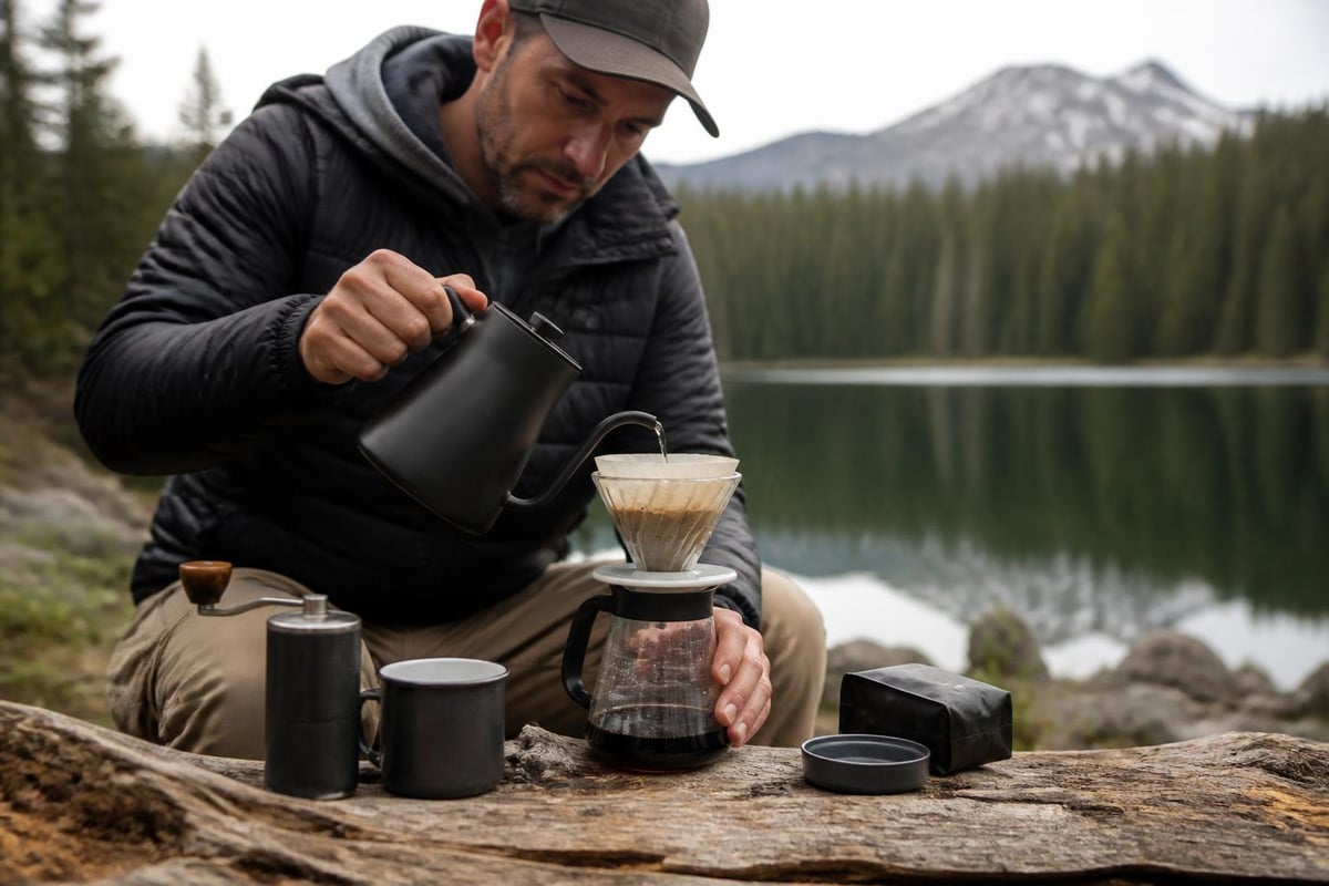 Pour-over coffee ritual outdoors