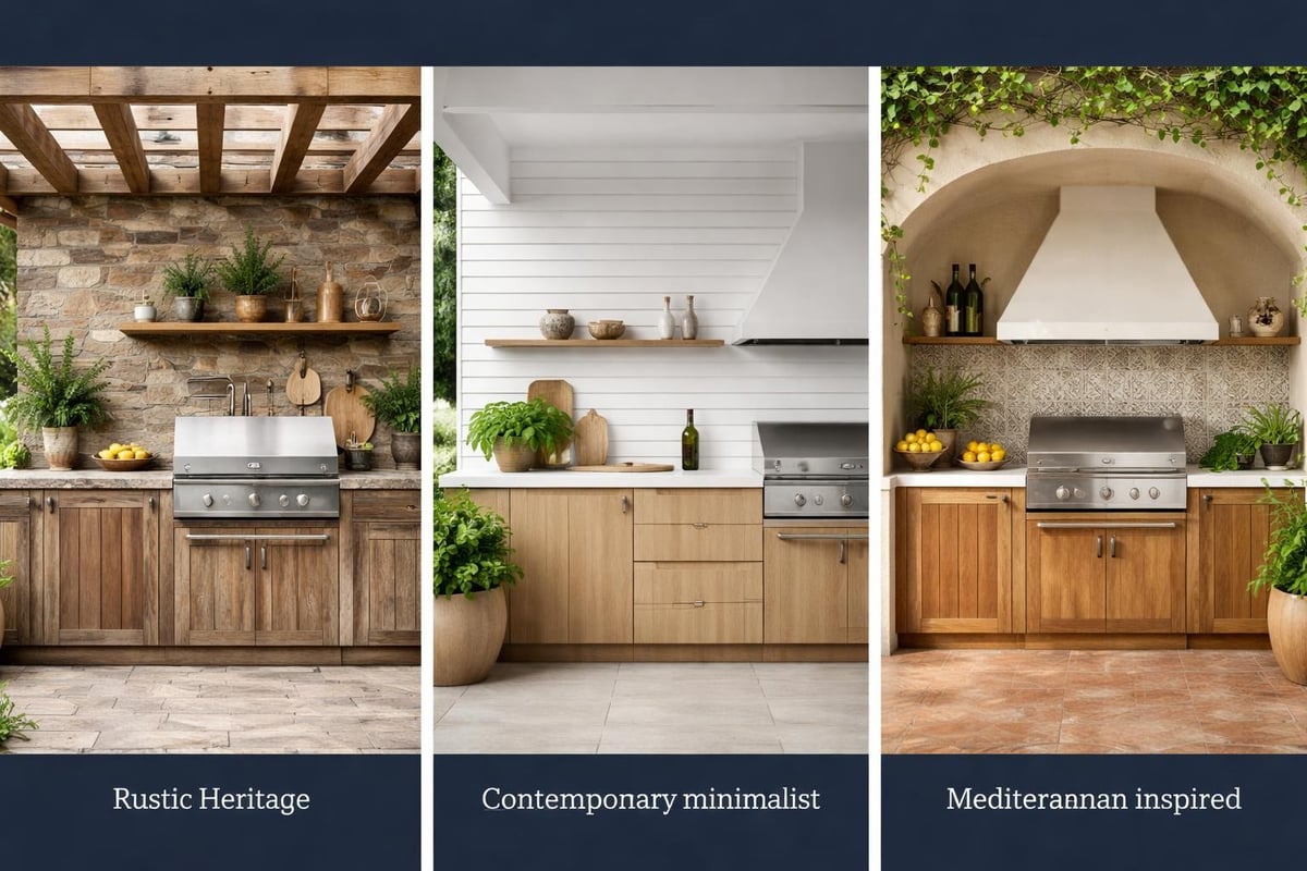 Three wooden outdoor kitchen design styles