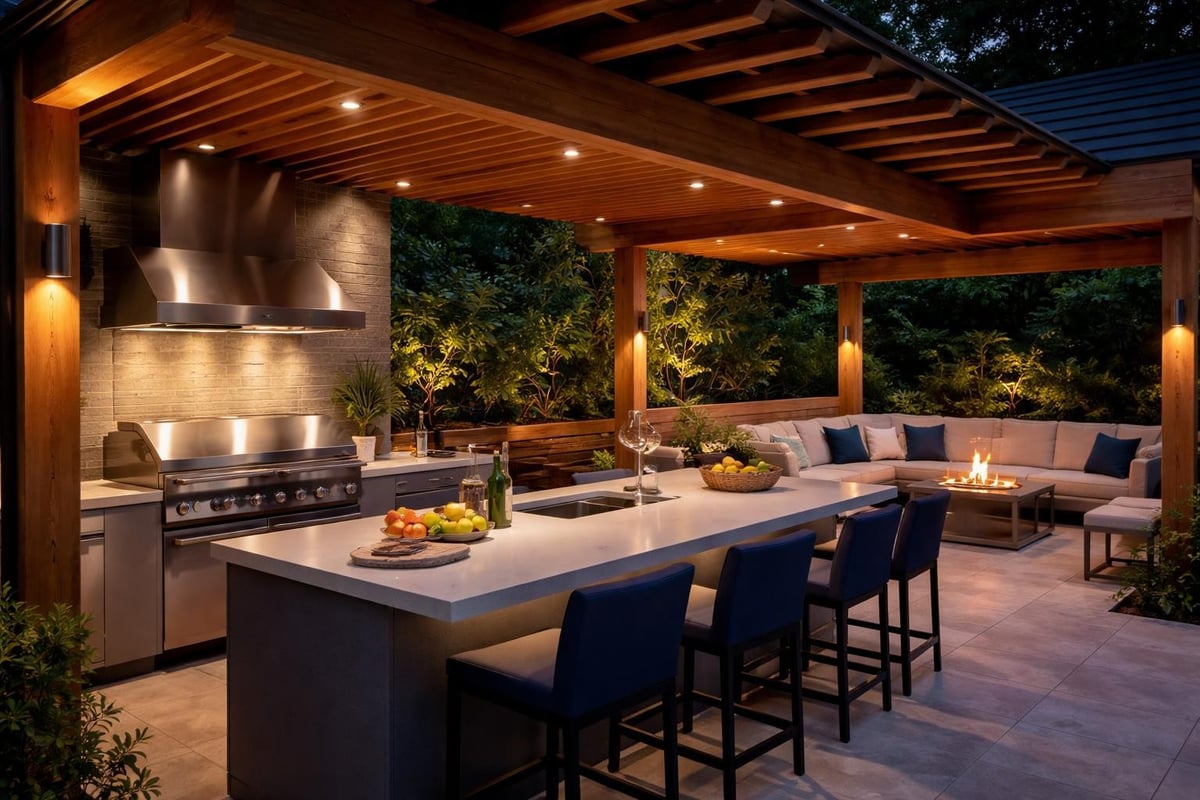 Layered lighting design for wooden outdoor kitchens
