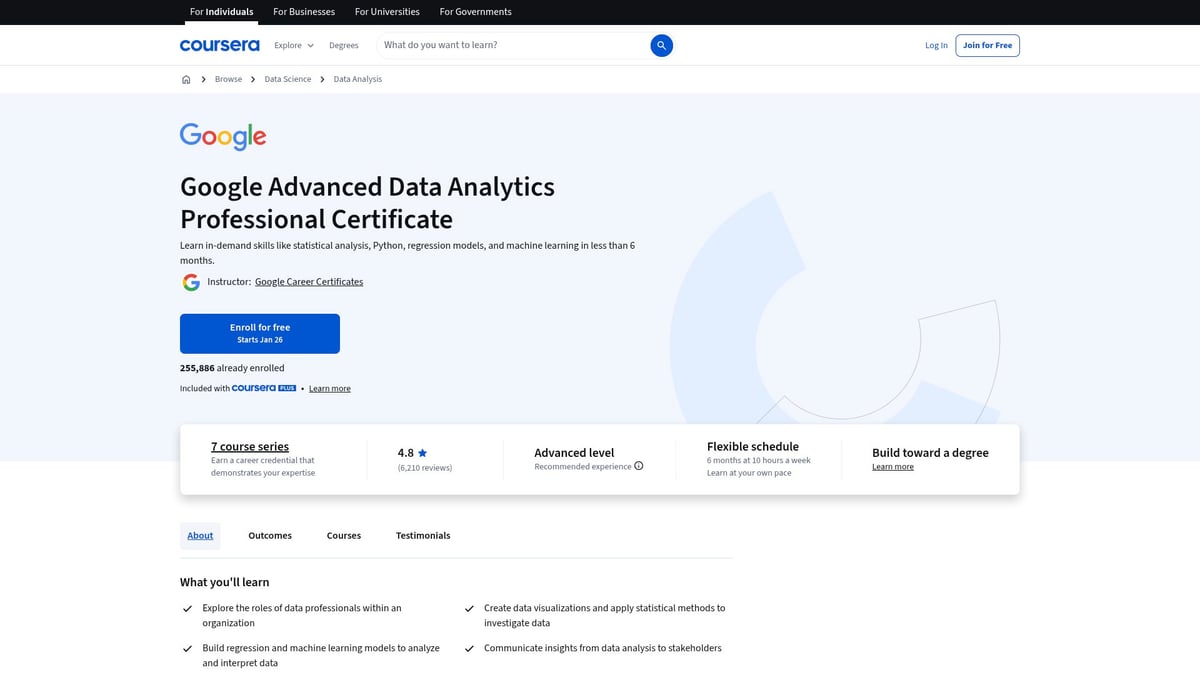 7 Essential Google Courses On Artificial Intelligence in 2026 - Google Advanced Data Analytics Professional Certificate (Coursera)