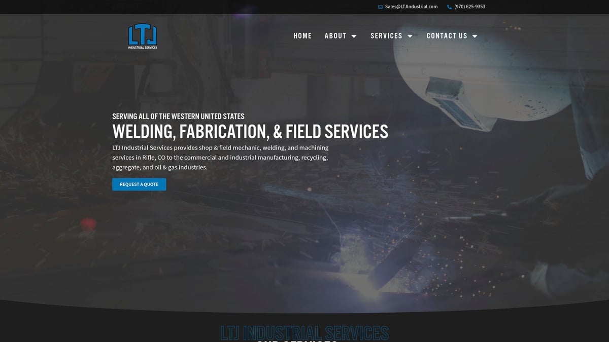 LTJ Industrial Services homepage featuring welding and fabrication services, showcasing industrial machinery and skilled labor in action.