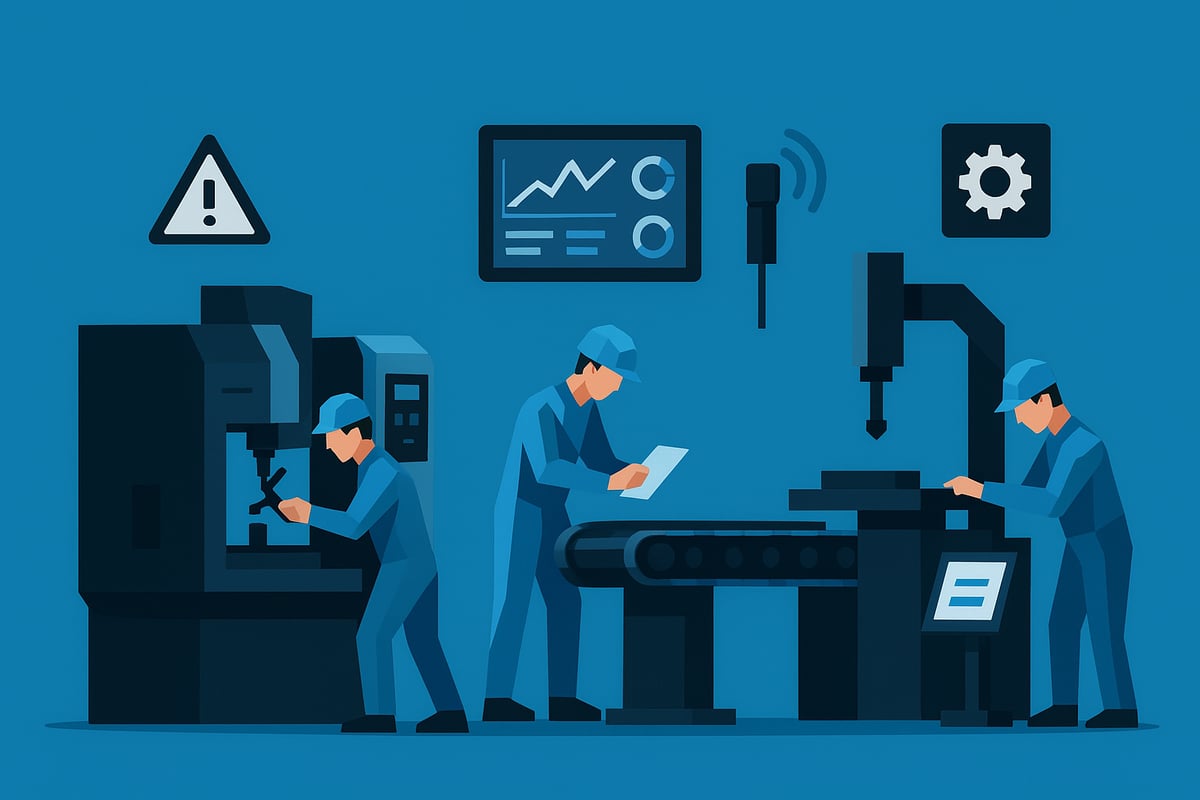 Industrial workers conducting machinery maintenance and testing, featuring equipment like a CNC machine and a conveyor belt, emphasizing quality assurance and operational efficiency in industrial settings.