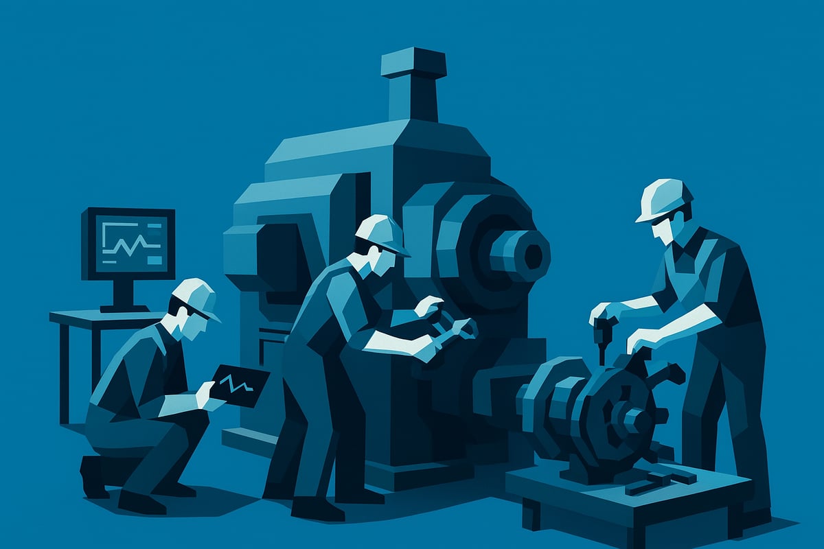 Illustration of technicians performing industrial machinery refurbishment, featuring a large machine, a computer displaying diagnostics, and tools, emphasizing maintenance and operational efficiency.