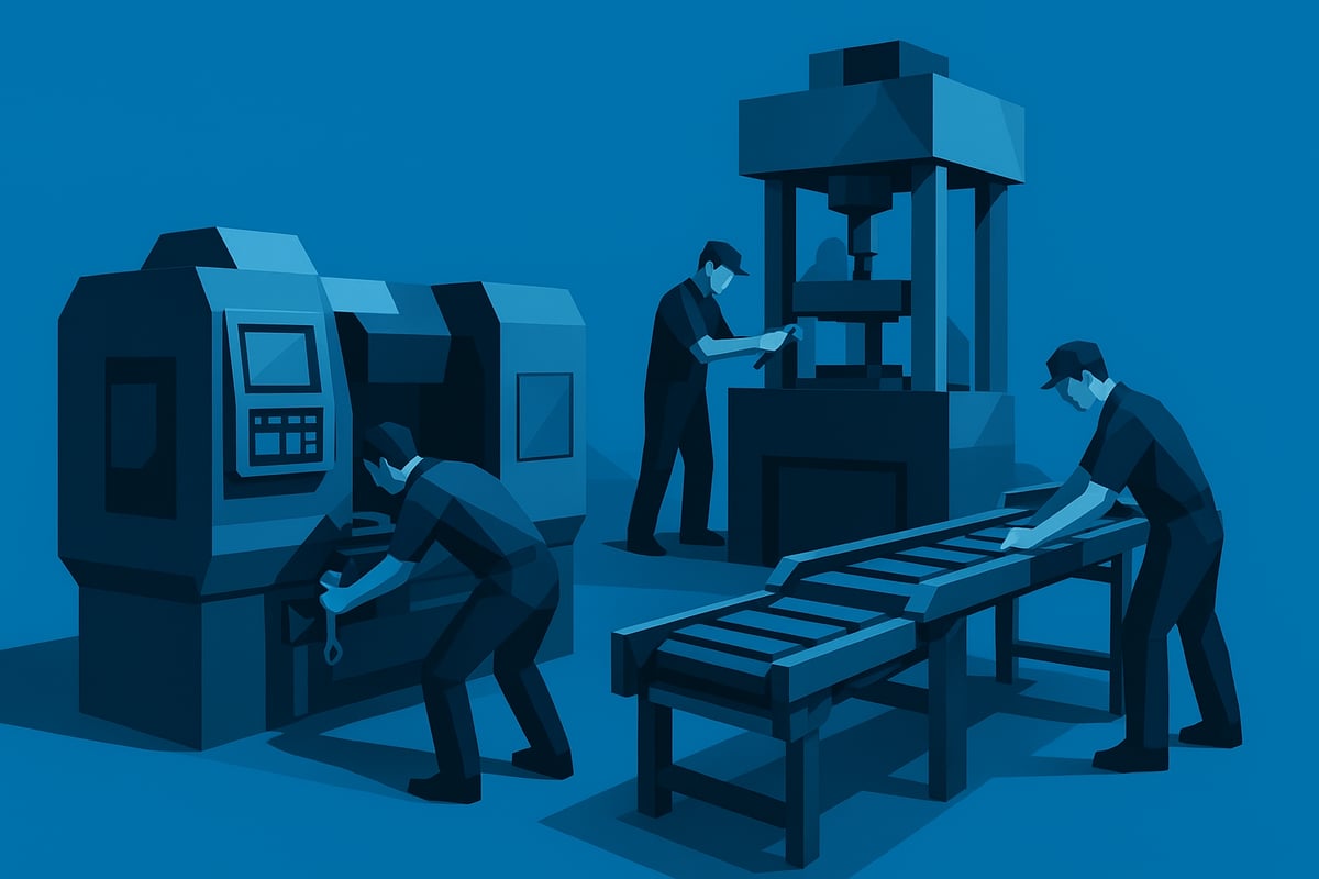 Low-poly illustration of industrial machinery refurbishment, featuring workers operating a CNC machine, hydraulic press, and conveyor system, emphasizing maintenance and efficiency in industrial settings.